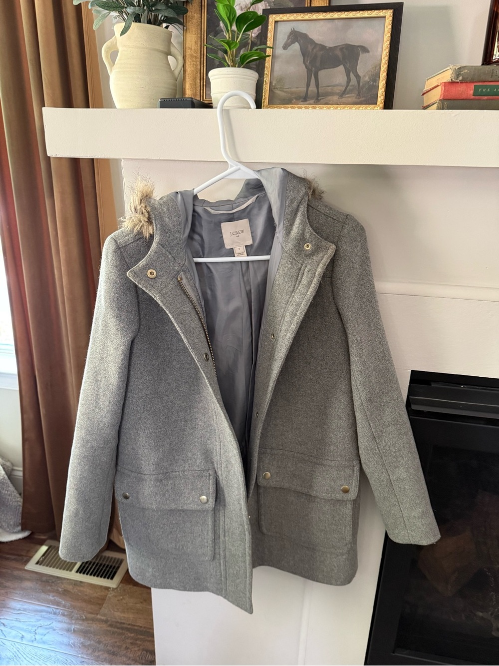 J. Crew Gray Wool-Blend Hooded Trench Coat with Faux-Fur Trim